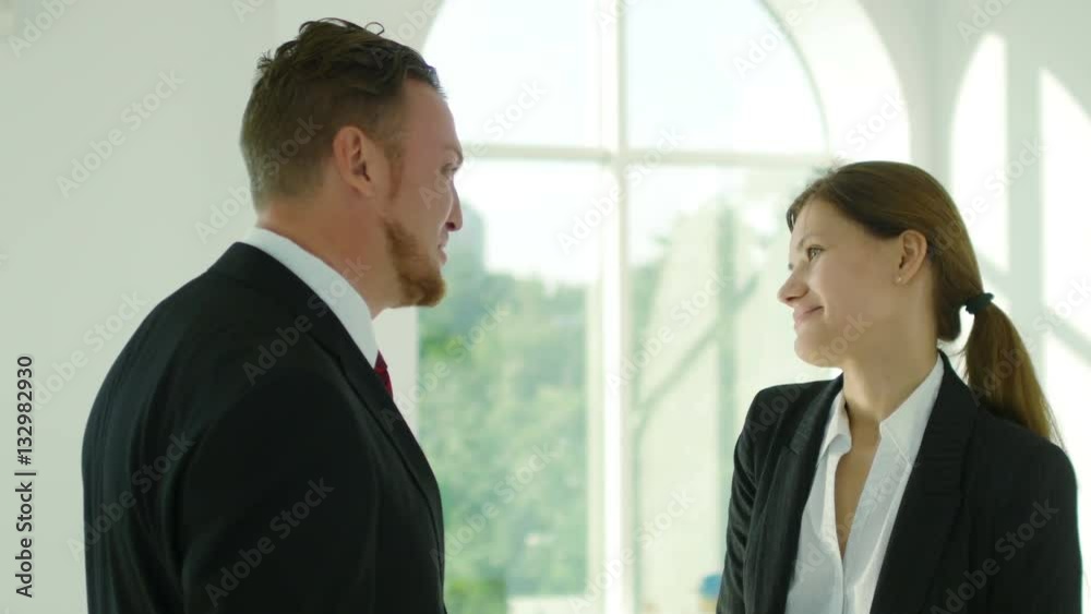 Two successful business people in suits talking in the office Two successful business people in suits talking in the office