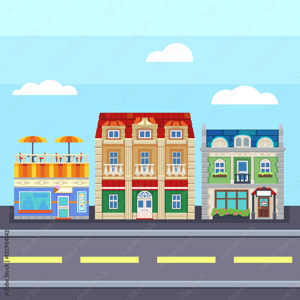 Small town urban landscape in flat design style,  illustration. buildings, street ice cream shop, coffee cafe