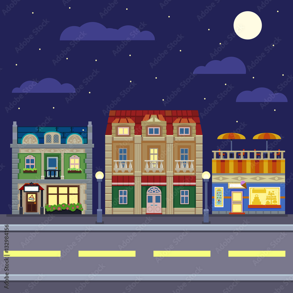 Small town urban landscape in flat design style,  illustration. buildings, street ice cream shop, coffee cafe at night