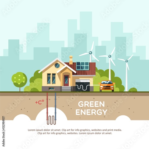 Green energy an eco friendly house - solar energy, wind energy, geothermal energy. Vector concept illustration.