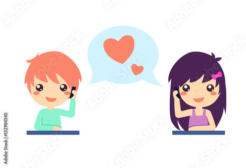 cute cartoon couple call on phone. Girl boy in love. Happy valentine's day illustration