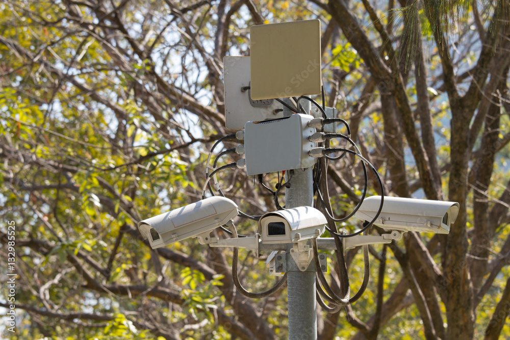 CCTV security camera for activity monitoring and surveillance in green park CCTV security camera for activity monitoring and surveillance in green park