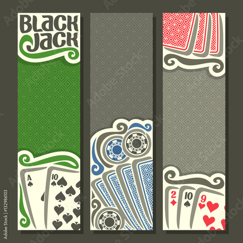 Vector vertical banners Black Jack for text, combination playing cards: ace spades suits 10, 2, 9  for gamble game black jack on gray felt table, banner for blackjack, back card on texture background.