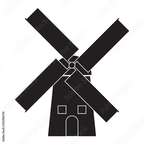 Simple flat windmill icon, grayscale on white background, dark