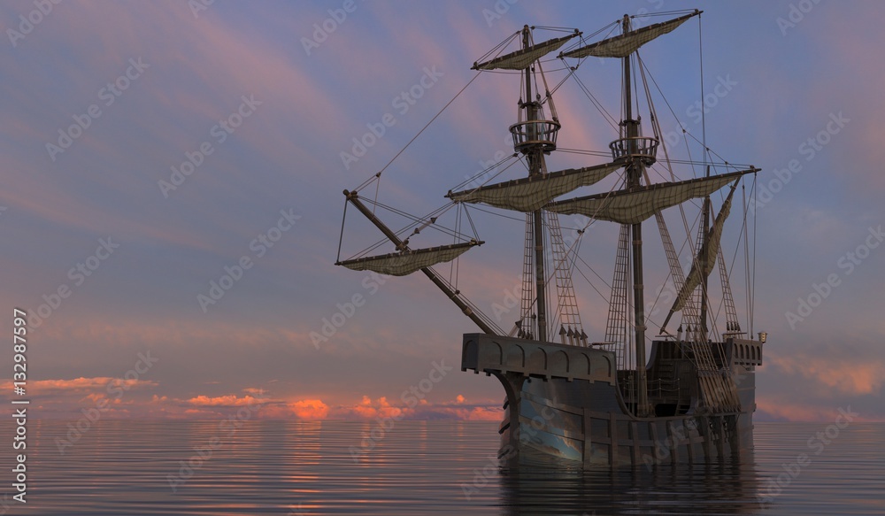 Old Sailboat On The Sea 3D Illustration