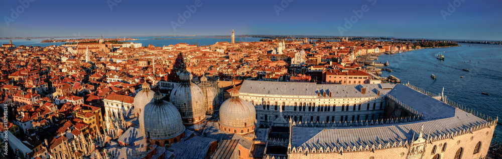 Panoramic aerial view in winter from the San Marco Square, Venice, Veneto, Italy. Panoramic view at blue hour.