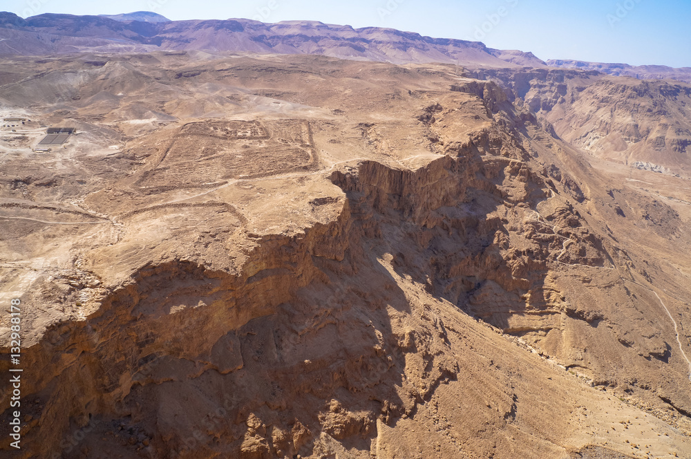 Masada with ropeway and Dead Sea, Israel. Masada was the final battlefield of First Jewish–Roman War.