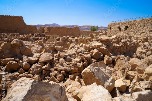 Masada with ropeway and Dead Sea, Israel. Masada was the final battlefield of First Jewish–Roman War. photo