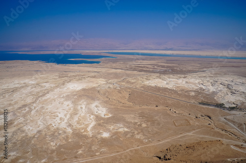 Masada with ropeway and Dead Sea, Israel. Masada was the final battlefield of First Jewish–Roman War.