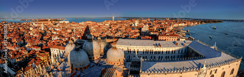 Panoramic aerial view in winter from the San Marco Square, Venice, Veneto, Italy. Panoramic view at blue hour.