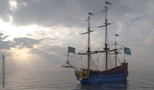 Old Sailboat On The Sea 3D Illustration