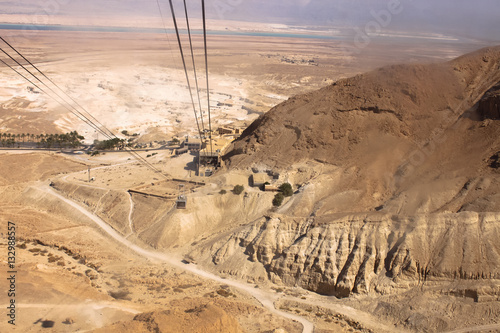 Masada with ropeway and Dead Sea, Israel. Masada was the final battlefield of First Jewish–Roman War.