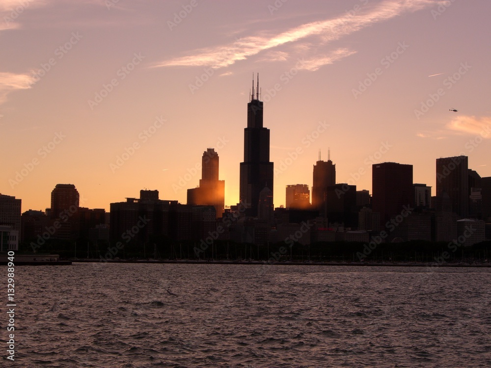 Chicago downtown skyline silhouette at sunset