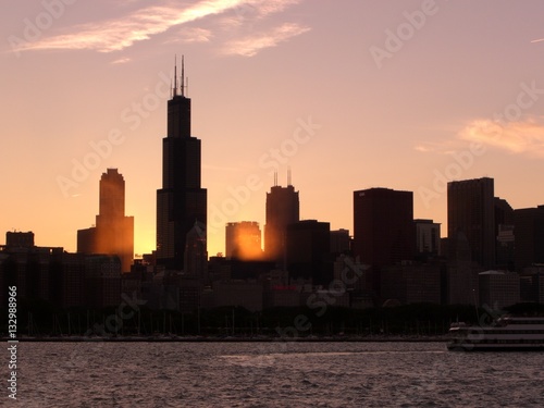 Chicago downtown skyline silhouette at sunset