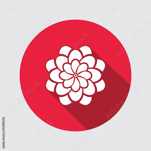Flower icon. Dahlia, aster, daisy, chrysanthemum, gowan. Summer, autumn floral symbol. Round green flat sign with long shadow. Vector isolated. photo