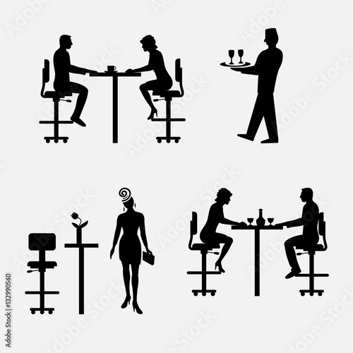 Architectural set of furniture with people. Sitting man, woman. Front view. Interiors elements for restaurant, bar, cafe, premises. Table, chair. Standard size. Vector