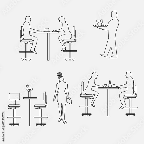 Architectural set of furniture with people. Sitting man, woman. Front view. Interiors elements for restaurant, bar, cafe, premises. Thin lines icons. Table, chair. Standard size. Vector