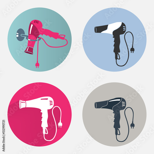 Hair drier icon set. Blow hairdryer with two pin plug. Professional barber tool, household symbol. Modern colored sign on magenta, gray round flat label symbols. Vector isolated