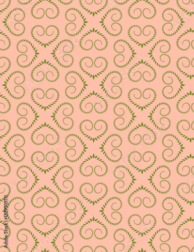 Seamless lace pattern. Vintage curled texture. Swirl silhouettes floral heart signs. Twist ornament of laurel leaves. Rosy green soft colored background. Love  birthday  sale theme. Vector