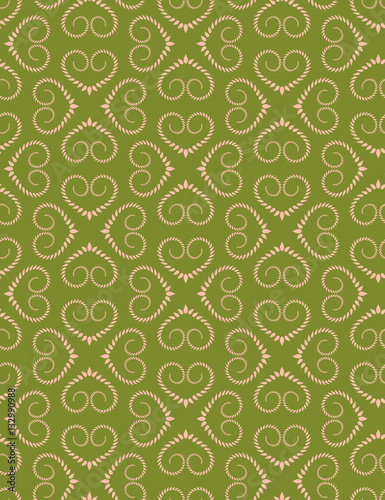 Seamless lace pattern. Vintage curled texture. Swirl silhouettes floral heart signs. Twist ornament of laurel leaves. Rosy green soft colored background. Love, birthday, sale theme. Vector
