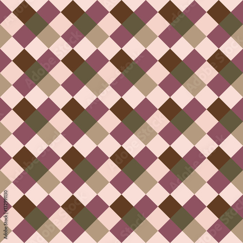 Seamless geometric checked pattern. Diagonal square, braiding, woven line background. Patchwork, rhombus, staggered texture. Rosybrown, brown, green colors. Winter theme. Vector