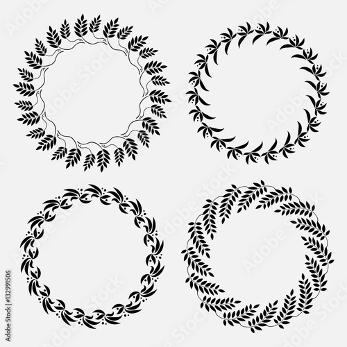 Laurel wreath tattoo set. Black ornaments  nine signs on white background. Victory  peace  glory symbol. Vector