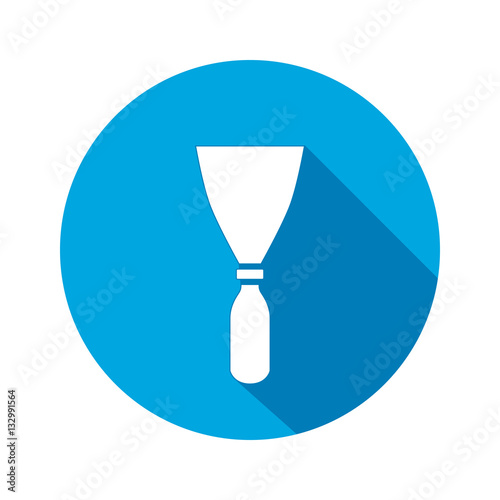 Tool icon. Spattle, surfacer, plastering instrument. Work, job, labour, toil, repair, building symbol. White sign on round blue button with long shadow. Vector isolated