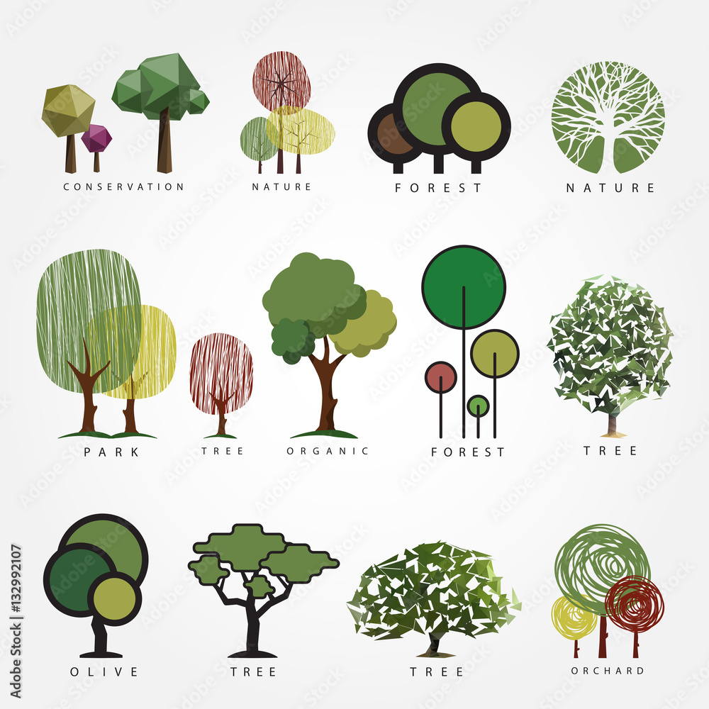 Set of vector tree illustration. Geometric, stylized, hand drawn and polygonal style tree illustrations. Tree label, logo, icon, nature, eco, green, organic, outdoors design.