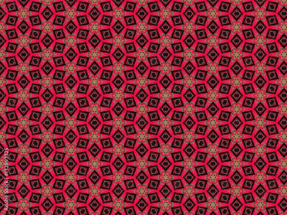 Rich pattern with flowers and diamonds on a red background
