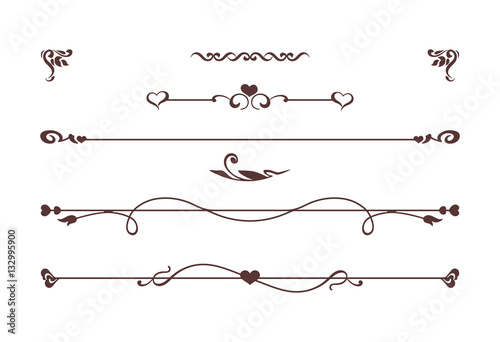Calligraphic elements with hearts isolated on white. Vintage dividers, border with roses, flowers, love symbols. Vector card. Invitation to the celebration of wedding or Saint Valentines Day
