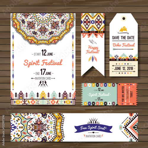 Collection of banners, flyers or invitations with geometric elements. Flyer design in bohemian style