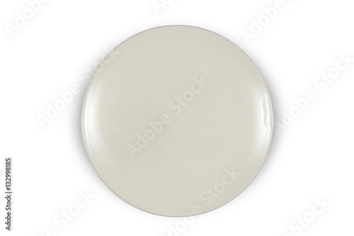 Flat off white shallow plate on white background directly from above