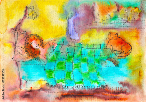 Hand painted watercolor illustration of a girl with a red cat in the bedroom under the colorful plaid.