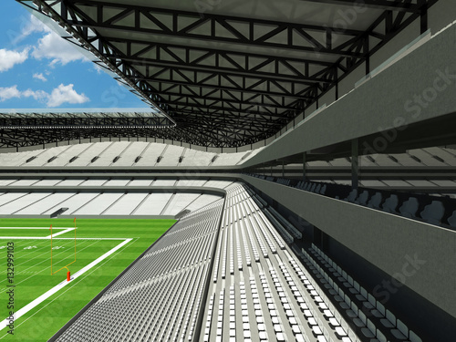 3D render of large American football stadium with white seats and open roof with VIP boxes