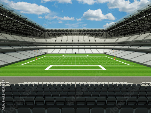 3D render of large American football stadium with white seats and open roof with VIP boxes