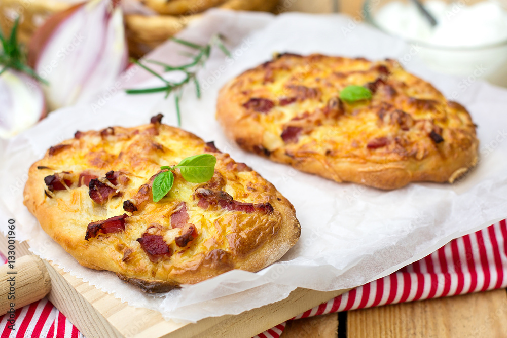 German pizza style tart flambee Swabian Dinnete German pizza style tart flambee Swabian Dinnete