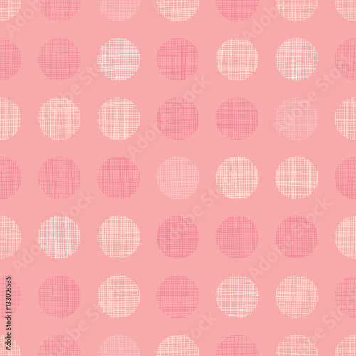 Vector Vintage Pastel Salmon Pink Baby Girl Dots Circles Seamless Pattern Background With Fabric Texture. Perfect for nursery, birthday, circus or fair themed designs.