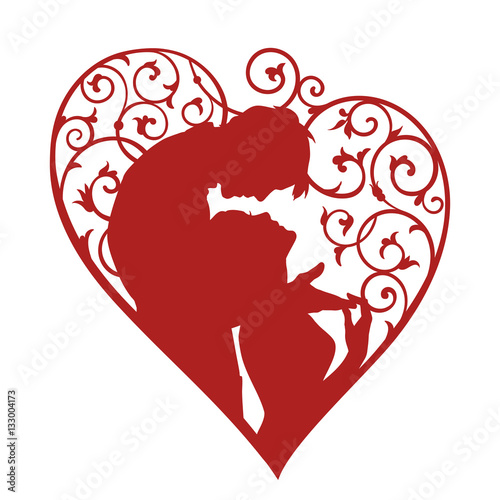 Loving couple inside decorative heart with swirls. Red silhouette isolated on white background. For wedding and Valentine day cards and invitations.
