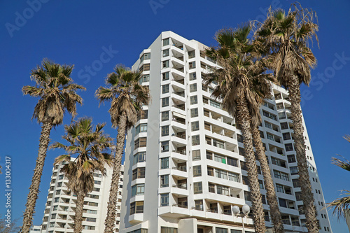 modern apartment buildings with palm trees