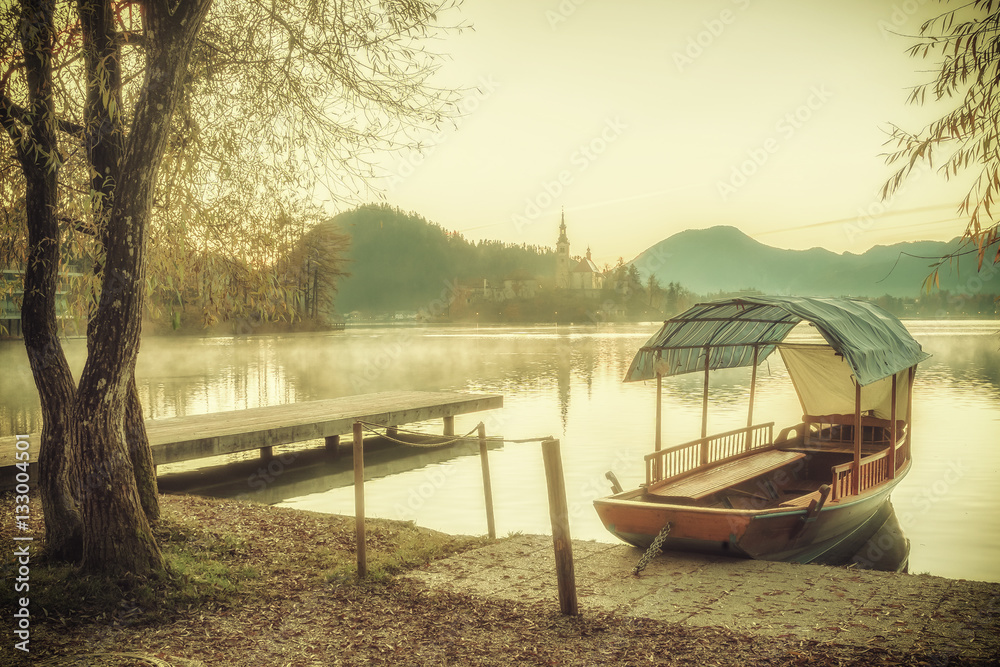 Obraz premium Vintage Lake with Island in Mountains