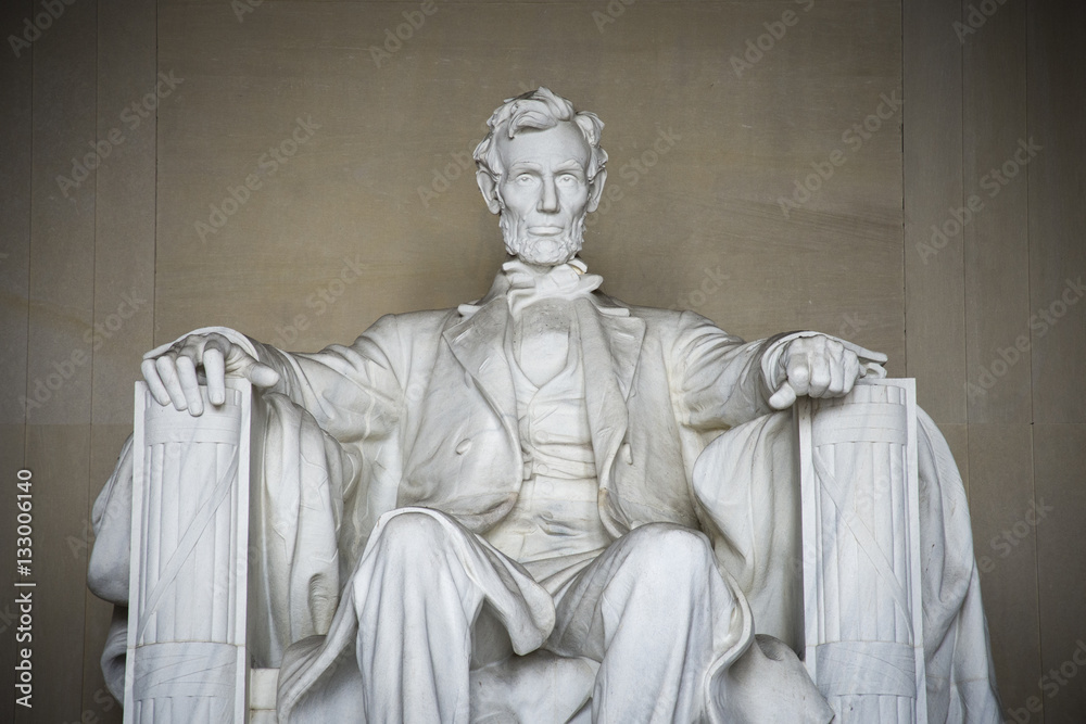 Iconic statue of Abraham Lincoln, sculpted by Daniel Chester French, is in the Lincoln Memorial in Washington DC.