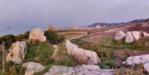 Εκτύπωση καμβά Les roches et la mer en soirée à Plougrescant en Bretagne