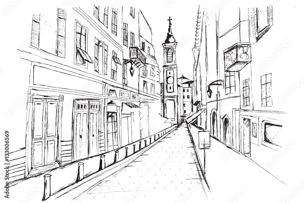 Panorama miasta Nicea. Rysunek ręcznie rysowany na białym tle. 