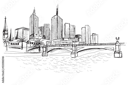 Panorama miasta Melbourne. Rysunek ręcznie rysowany na białym tle. 