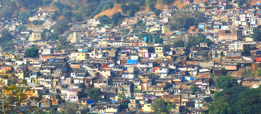Mumbai, India - December 5, 2015 - Slum view from Vikhroli, 54% of Mumbai population lives in the slums.