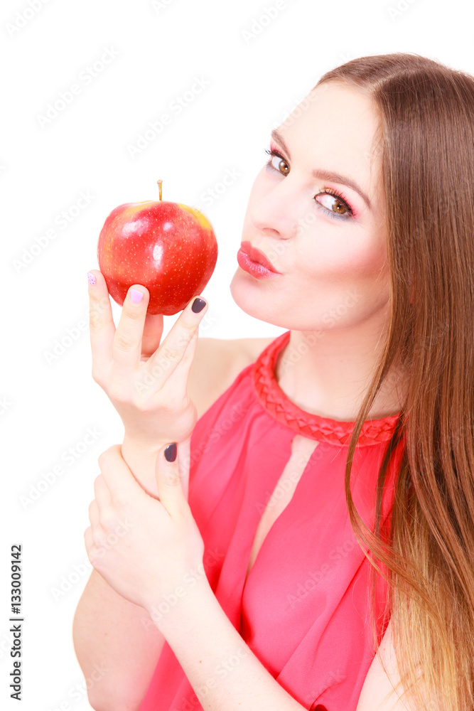 Woman charming girl colorful makeup holds apple fruit
