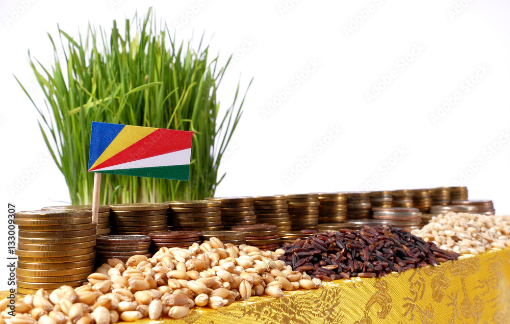 Seychelles flag waving with stack of money coins and piles of wheat