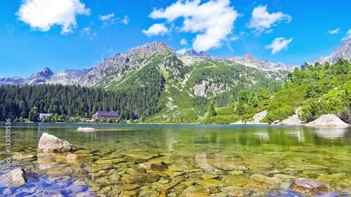 Picturesque summer view of Lake Popradske pleso in High Tatras, Slovakia. Time Lapse
