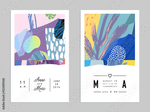 Set of creative universal art posters or cards. Hand Drawn textures. Wedding, anniversary, birthday, Valentin's day, party invitations, covers, decor elements.