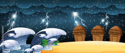 Disaster scene with tsunami and thunderstorms